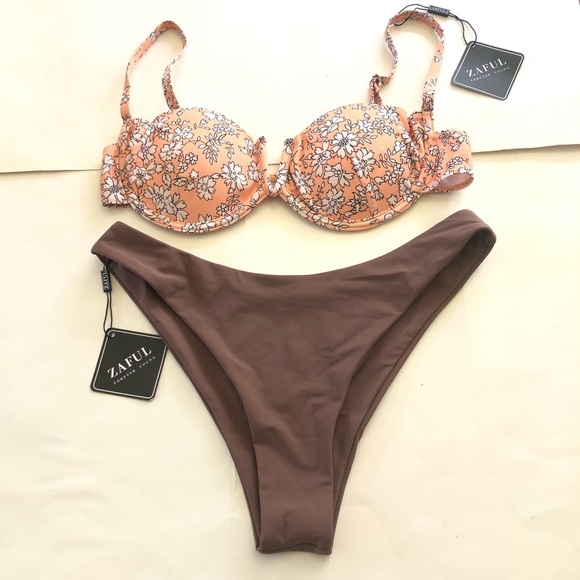 Zaful Peach Floral Underwire Top Brown High Cut Leg Bottom Bikini Swim Set M/6 - Picture 5 of 16